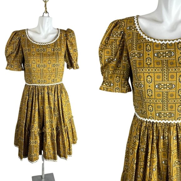 Vtg 50s 60s Golden Yellow Patio Dress Rickrack Circle Skirt Womens Size Medium - Picture 1 of 7